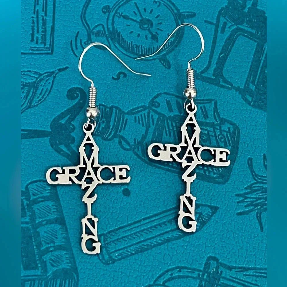 Amazing Grace Cross Stainless Steel Earrings NEW